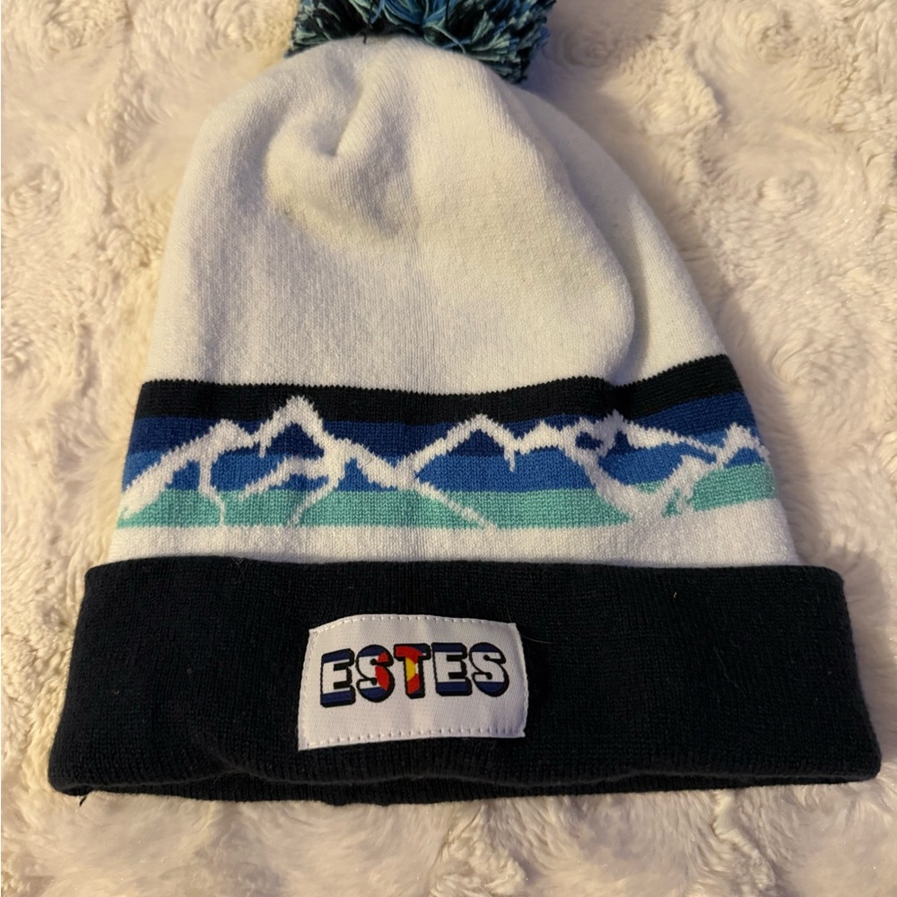 ESTES White and Blue Beanie with Mountain Design